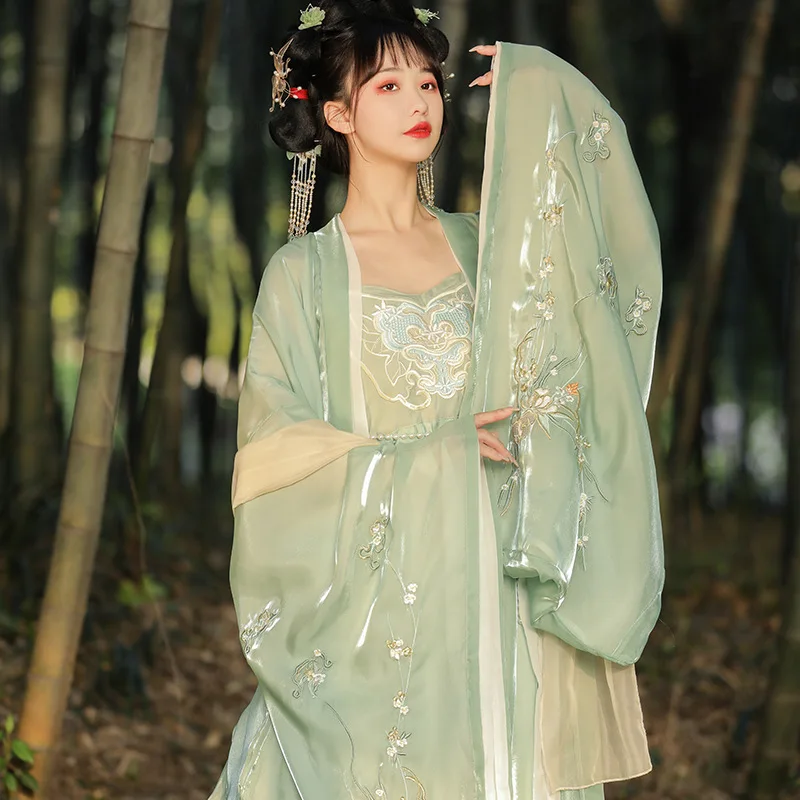 JC28-Robe chebula de la dynastie Tang pour femme, Hanfu original, style vert prairie, manches larges, nickel é de débit, jupe