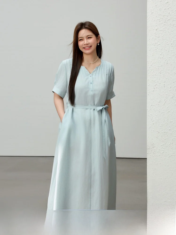 

Slimming Ruche Waist Dress Elegant plus Size Women's Clothing Summer New Style Korean Style High Waist A-Line Skirt Dress
