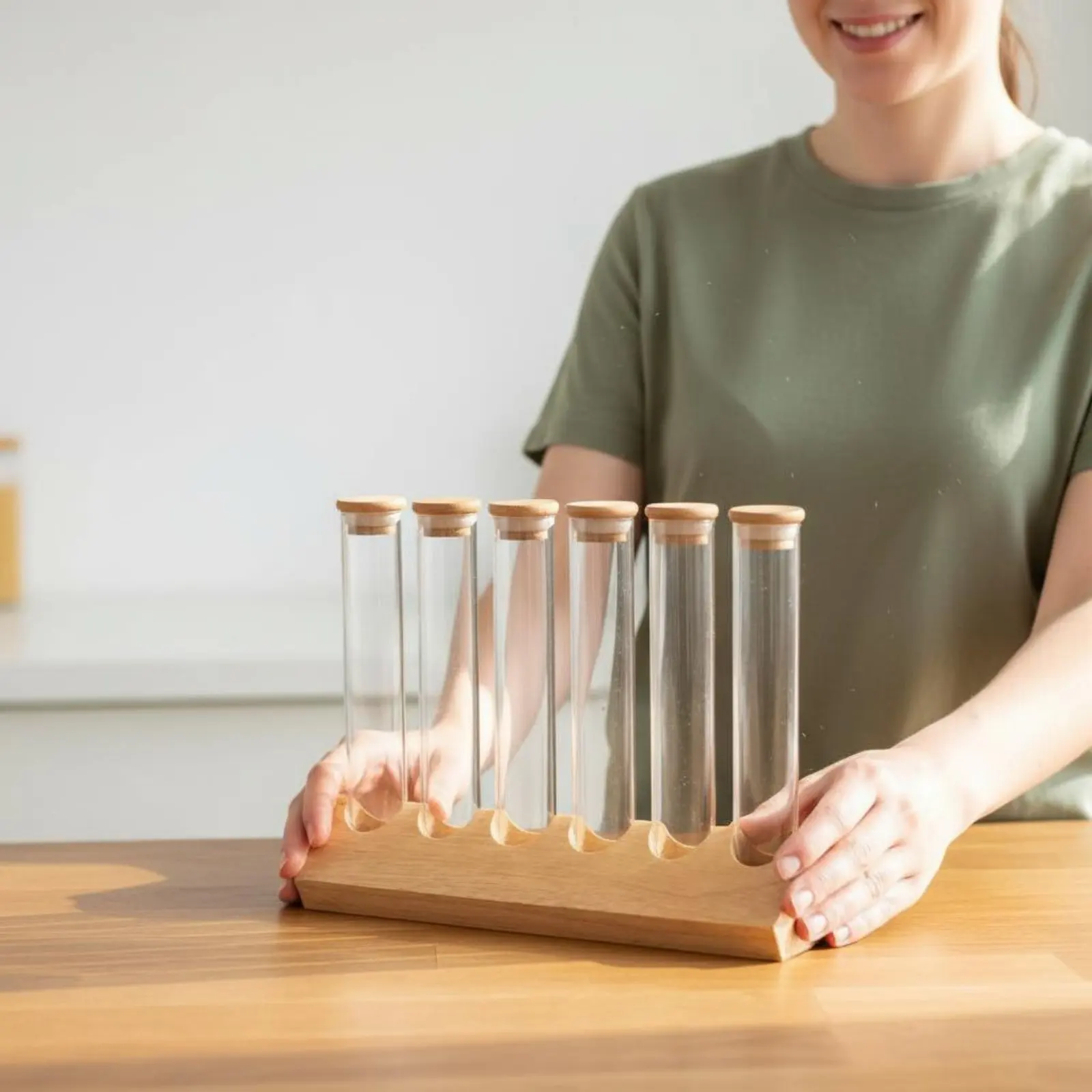 Glass Tube Container Set with Wooden Stand Space-Saving Glass Tube Wooden Rack Set Coffee Bean Display Stand Sealed Freshness