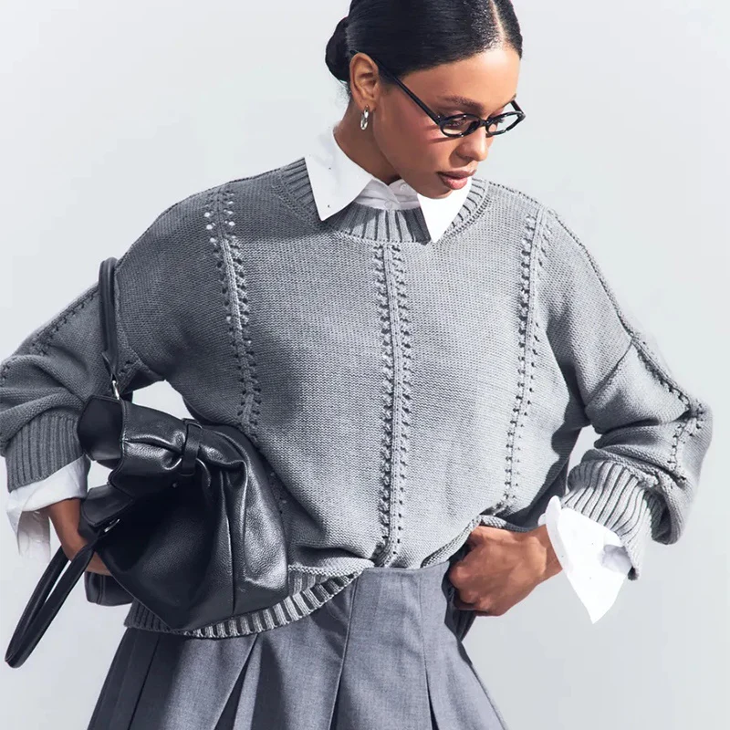 

Gray O-Neck Kniteed Pullover Sweater Women New Korean Hollow Out Loose Long Sleeve Knitwear Autumn Fashion Versatile Jumpers