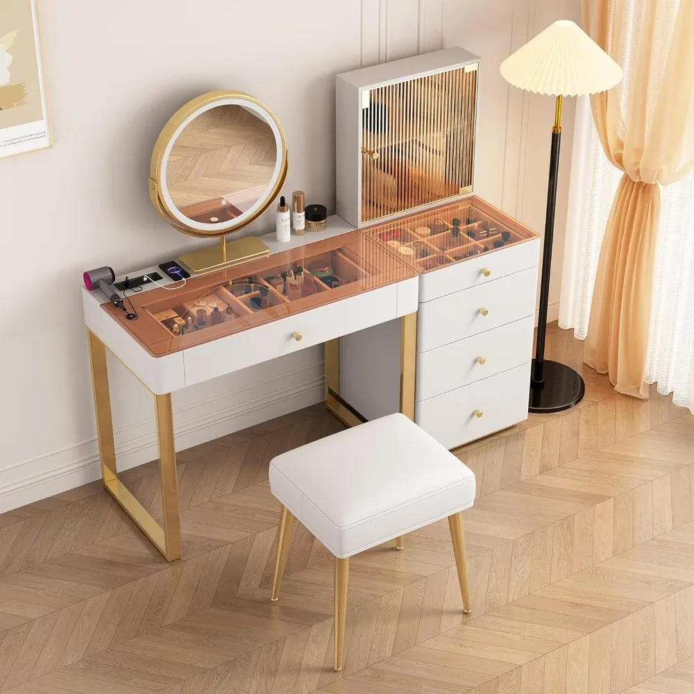 Vanity Table Set, Premium Solid Wood Vanity Desk with Multi-Plug Outlet, Desktop Cabinet for Large Bottles, HD Smart Mirror,