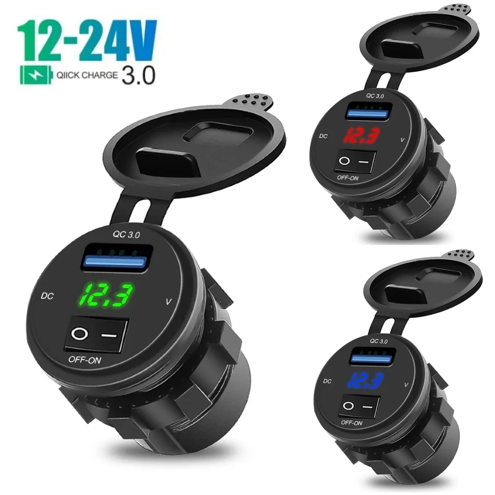 18W Quick Charge 3.0 USB Car Phone Charger Socket Digital Display Voltmeter with ON OFF Switch for 12V 24V Car Motorcycle ATV