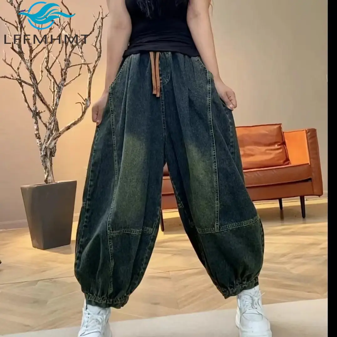 

Женские винтажные джинсы с эластичной резинкой на талии и завязками, весенне-осенние модные джинсовые брюки, свободный крой, широкие женские повседневные брюки-фонарики