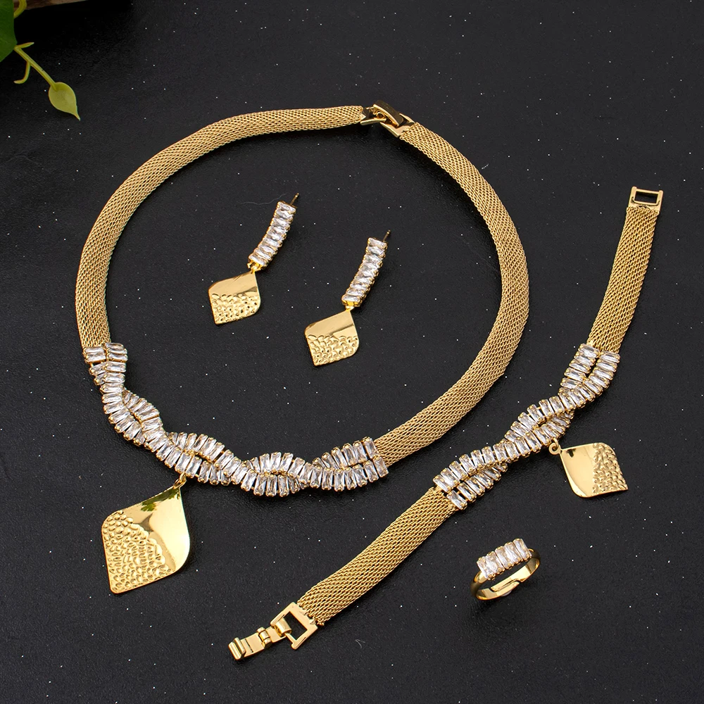Schmuck für Frauen 2025, brillante kubische Zirkon-Halskette, Ohrringe, Ring und Armband, Hochzeit, Brautschmuck-Sets, Kleid-Accessoires