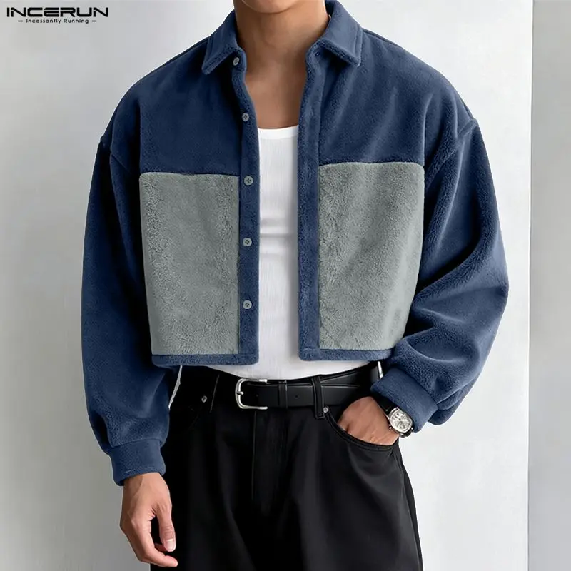 INCERUN Men Shirts Plush Patchwork Fleece Lapel Long Sleeve Casual Men Clothing Streetwear Loose Fashion Leisure Crop Tops S-5XL