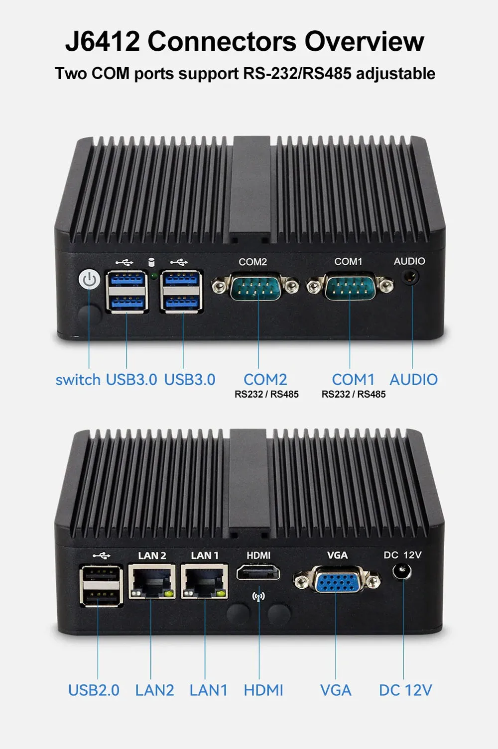 Fanless Industrial Mini PC J6412 J4125 12th Gen N100 N150 2*LAN RS232 HD VGA Win10/11 Linux Ubuntu WIFI Desktop Computer Home PC