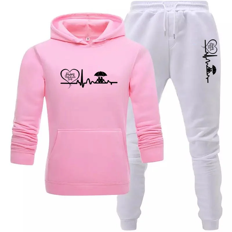 Sportswear Ladies Winter 2-piece Printed Fleece Hoodie + Pants Sportswear Women's Sports Suit Hooded Sports Suit Women Jogging