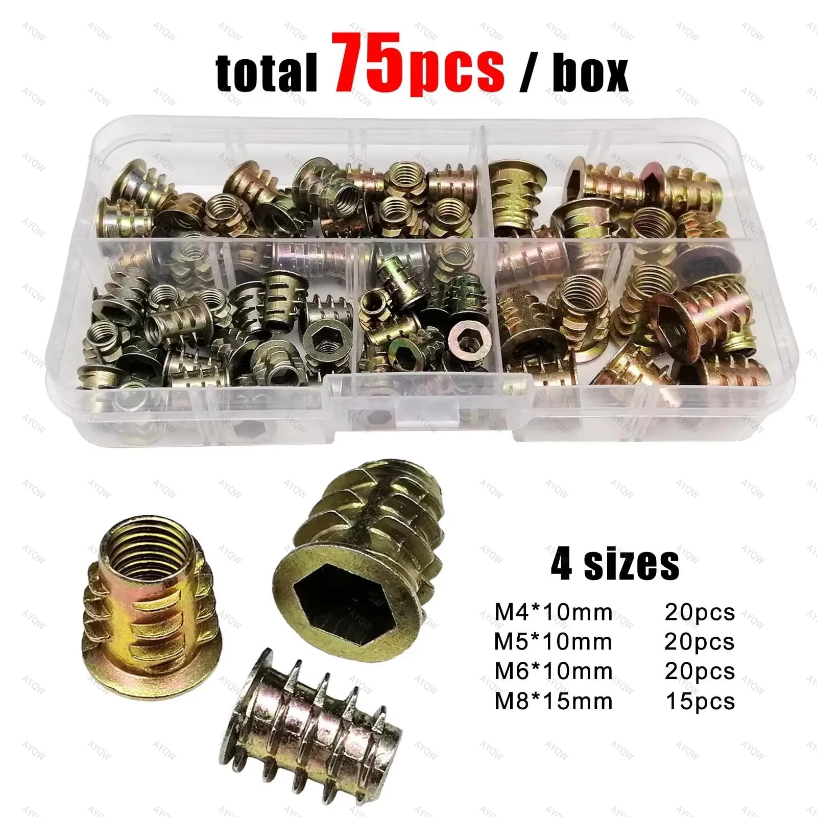 Furniture Hardware Threaded Inserts - 75-Piece M4M5M6M8 Threaded Insert Nut Set,