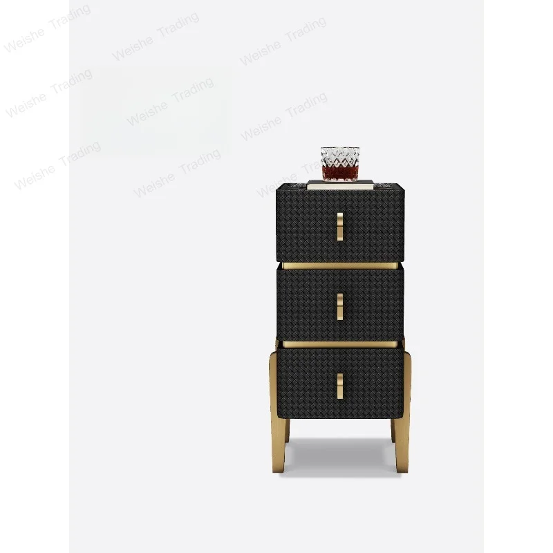 High-texture woven leather bedside table, all solid wood light luxury home rock slab bedside storage cabinet