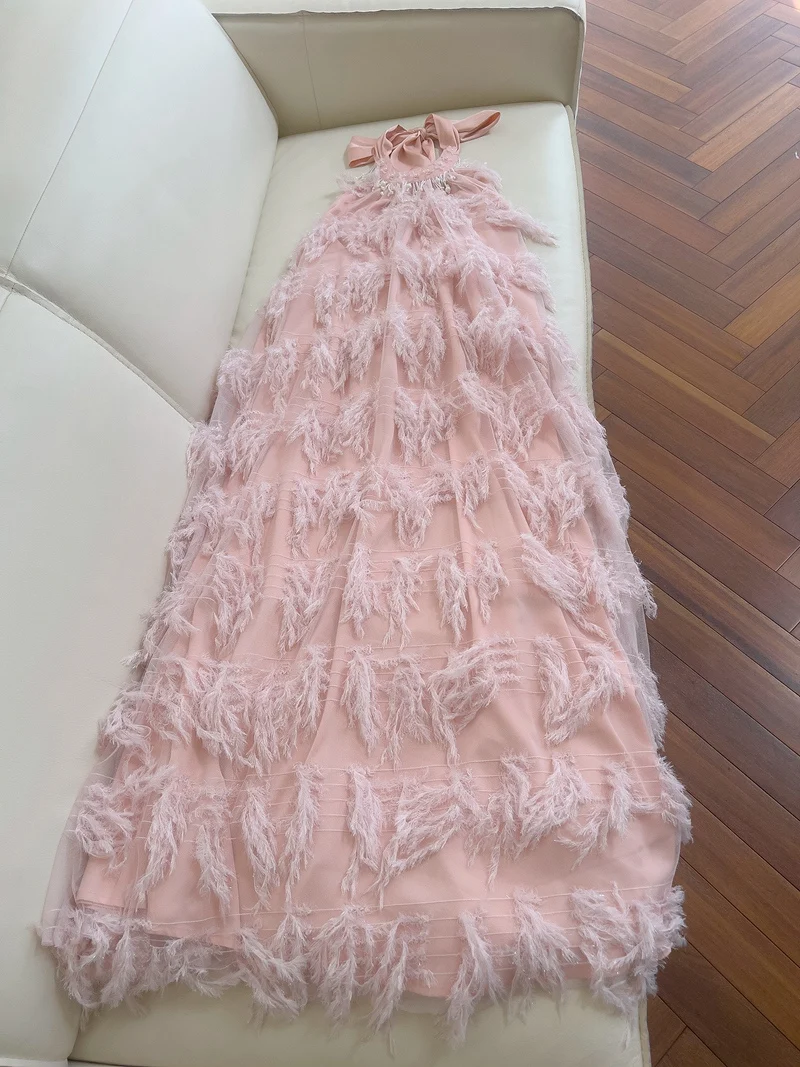 فستان أنيق وردي اللون بظهر مكشوف ورقبة معلقة، فستان مثير للعطلات، تنورة طويلة صيفية مزينة باللؤلؤ، فستان بخصر مرتفع على شكل ح...