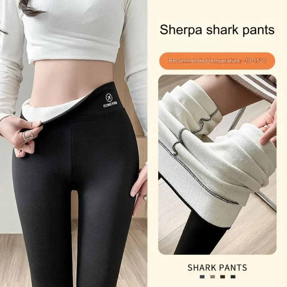 

Fashion Fleece Shark Pants Letter Print Thickened Teenage Pants Slim Fit Black Autumn Winter Leggings