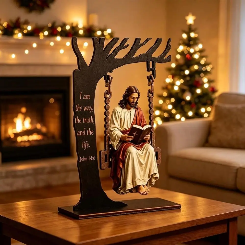 Tree Shape Reading Figurine Swing Freestanding Base Christian Swing Ornament Printed Figure Figure Reading on the Swing
