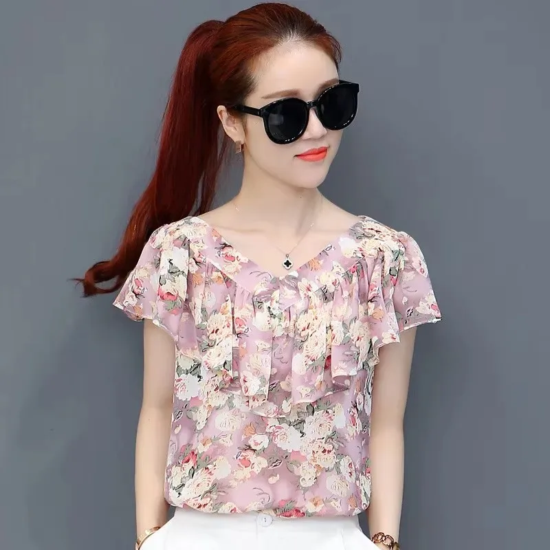 

Women's summer style floral chiffon short sleeved shirt, women's casual ruffled V-neck printed top