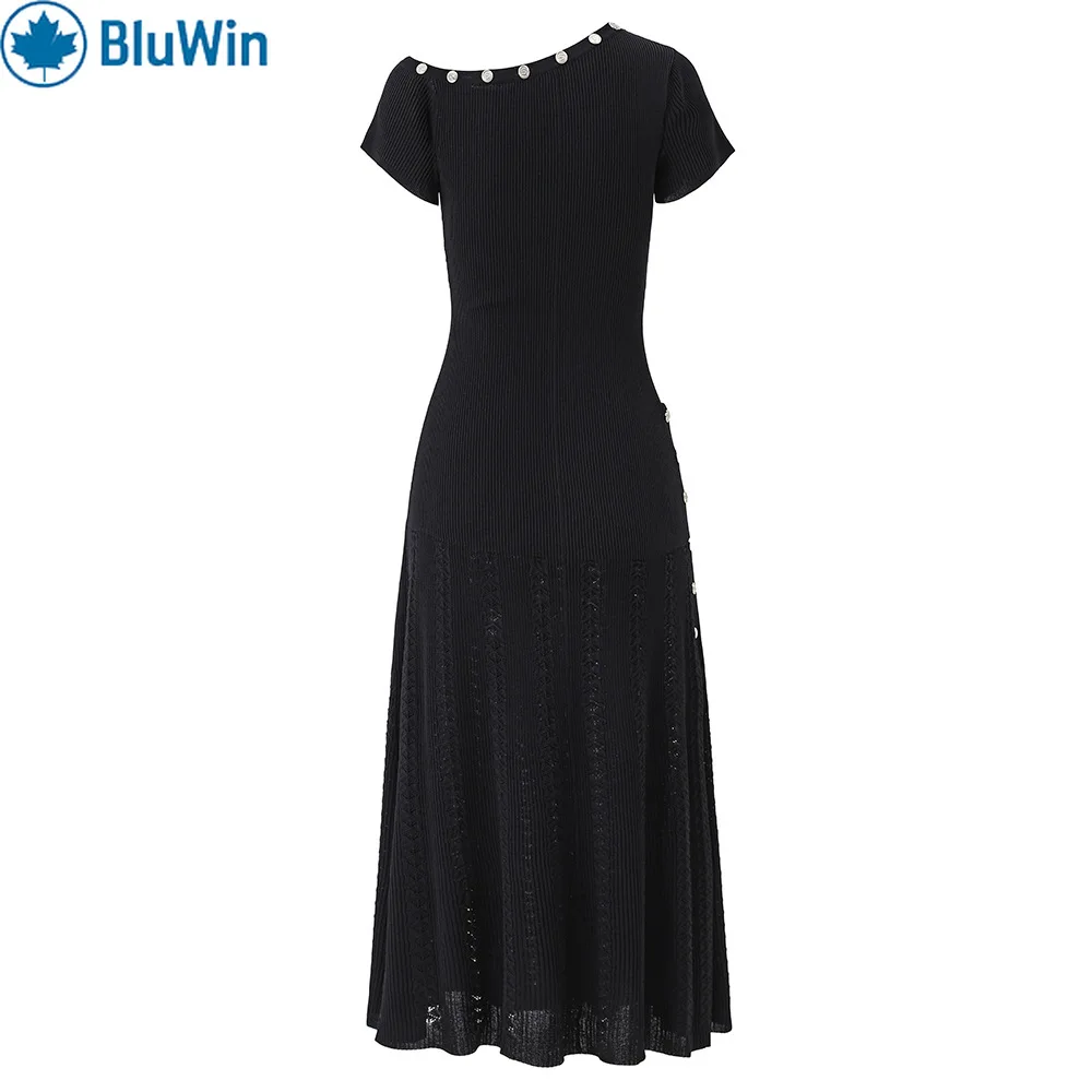 

BluWin Pointelle Knit Midi Dress Women Short Sleeve Pearl Trim Neck A Line Elegant Black