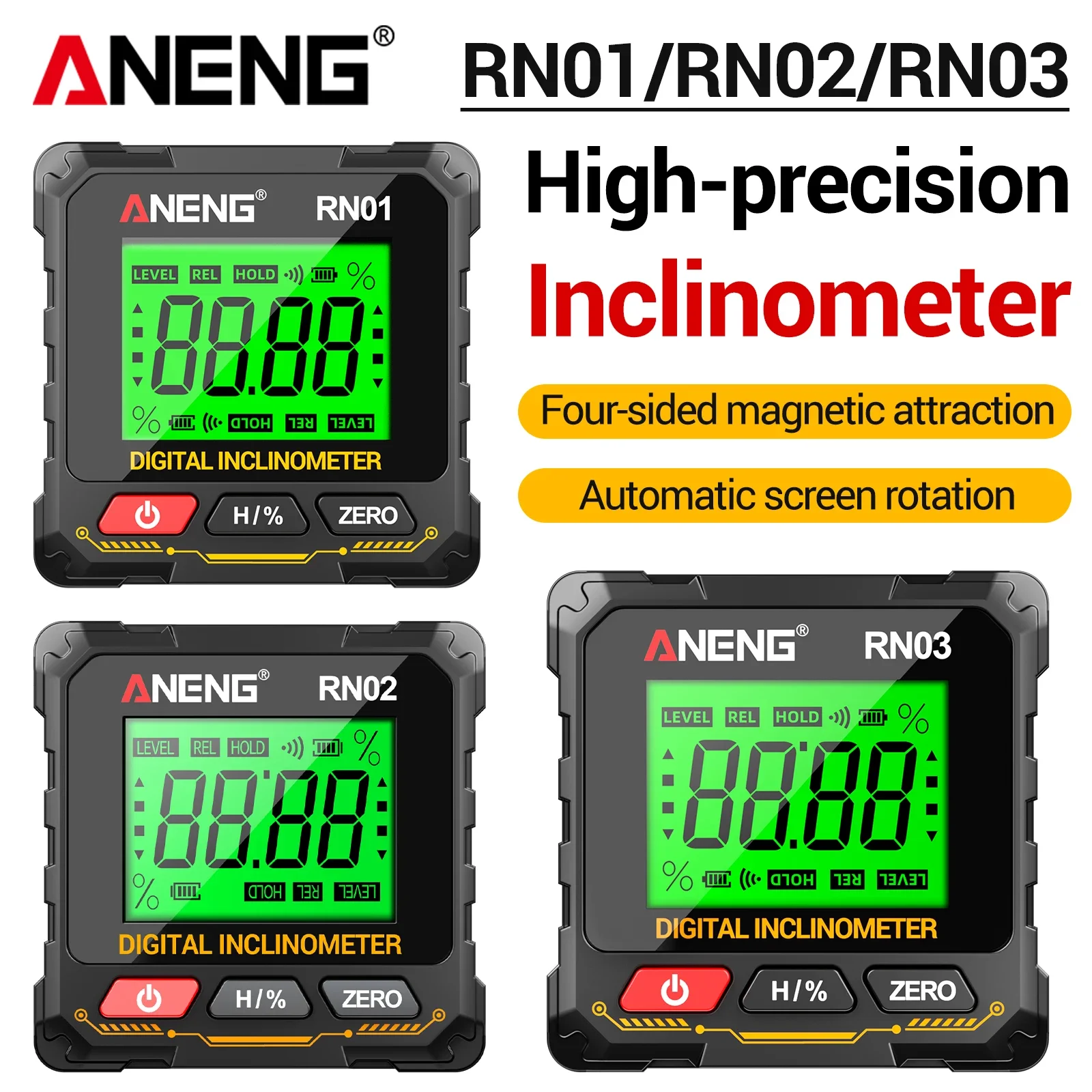 ANENG RN01/RN02/RN03 Inclinometer High-precision 0.05 °Four Sided Magnetic Suction Angle Automatic Flipping Measuring Instrument