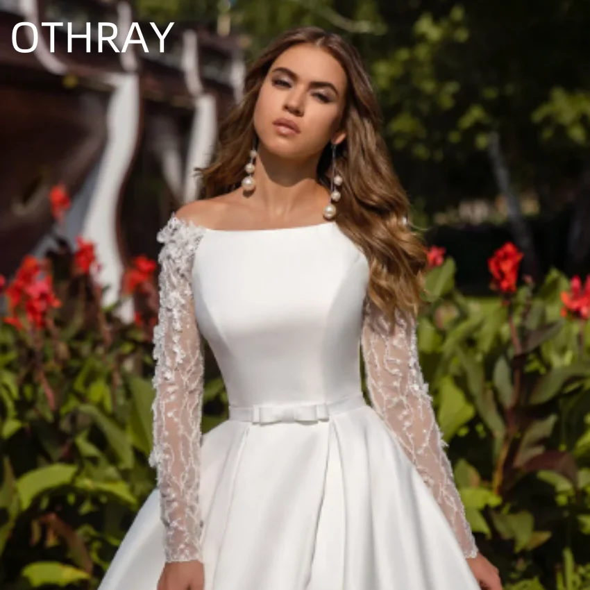 Cetim aberto de volta a linha dubai vestido de casamento com cinto feminino longo vestido de noiva vestidos de novia mangas compridas vestidos de casamento