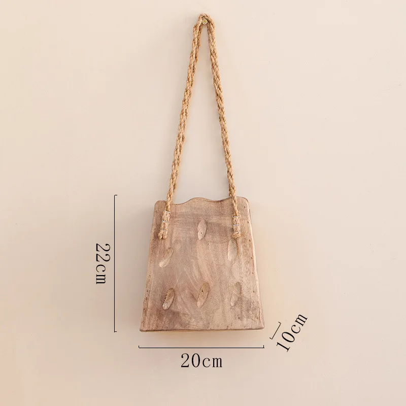 Vintage Wooden Bag Shaped Hanging Wall Vase, Wall Planter for Dried Flower Farmhouse Homestay Aesthetic Wall Decor Ornament