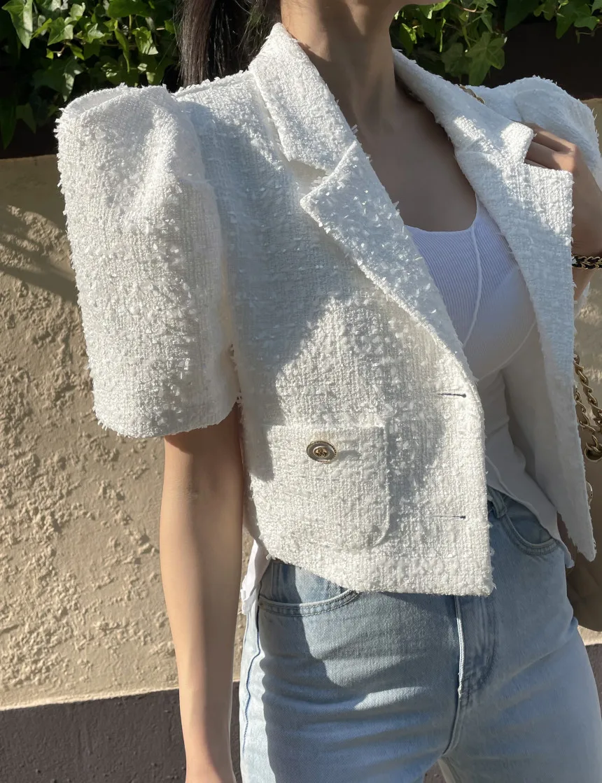 Korea Temperament White Tweed Short Puff Sleeve Jacket Crop Top 2024 High Quality Summer Women Elegant Office OL Outwear Clothes