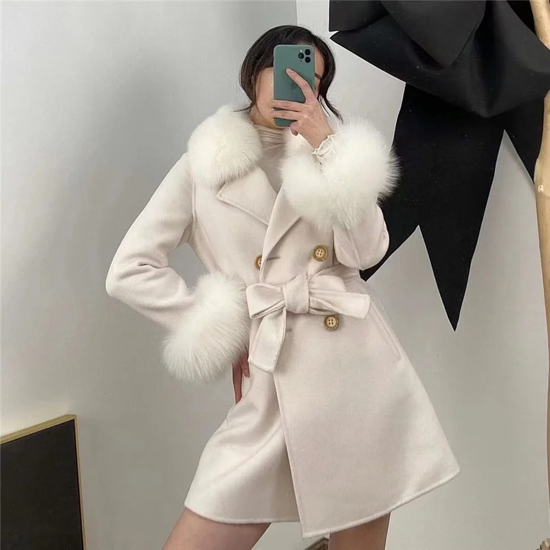 

2024 Double-sided Coat Cashmere Wool Blends Real Fur Jacket Natural Genuine Fox Fur Collar Outerwear Fashion