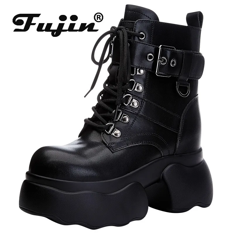 

Fujin 9.5cm Microfiber Leather Platform Wedge Fashion Autumn British Booties ZIP Women Boots Ankle Spring Block Knee High Shoes