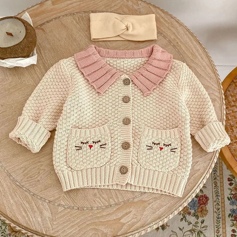 

2024 New Autumn Infant Baby Girls Knitting Cardigan Long Sleeve Splicing Embroidery Cardigan Coat Newborn Baby Girls Sweater