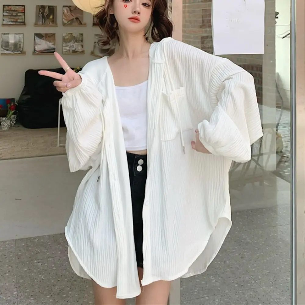 

Thin Drawstring Hooded Shirt Simple Loose Long Sleeved Hooded Ice Silk Korean Ins Sun Protection Tops Spring Autumn