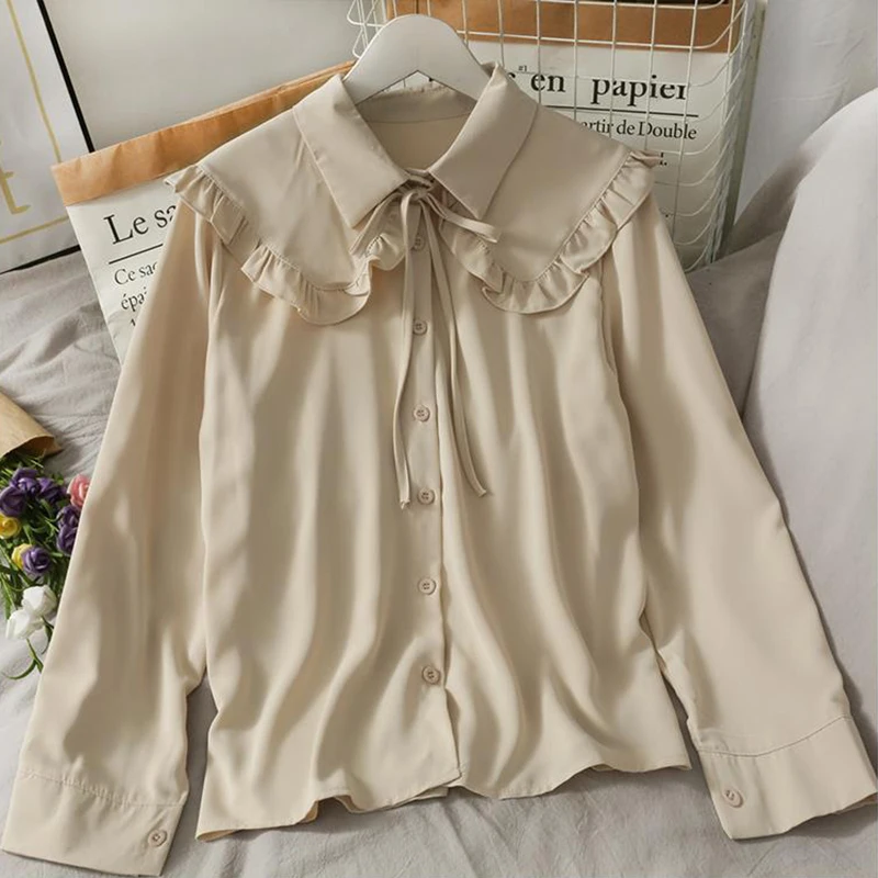 Women Vintage Sweet Korean White Shirts Lace Up Peter Pan Collar Blouses Spring Summer Elegant Office Lady Work Long Sleeve Tops