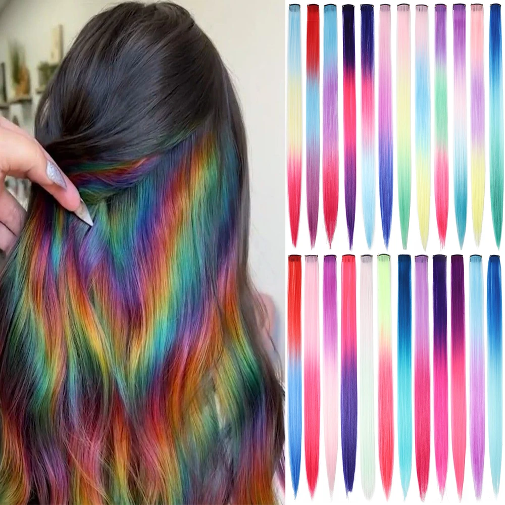 20 inch patchwork 3 color synthetic single clip rainbow color hair extensions 24 color hair extensions for girls holiday gifts