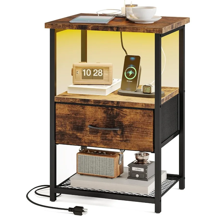 

Night Stand with Charging Station LED Nightstand with Fabric Drawers End Table with PU Finish Bedside Table Rustic Brown