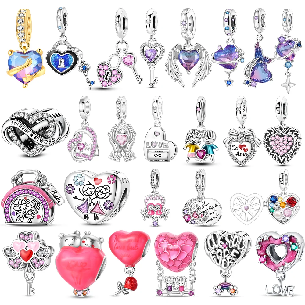 Silver S925 Sisters Series Pink Heart Charm Forever Love Beads Fit Original Bracelet Diy Fine Jewelry Gifts for Women