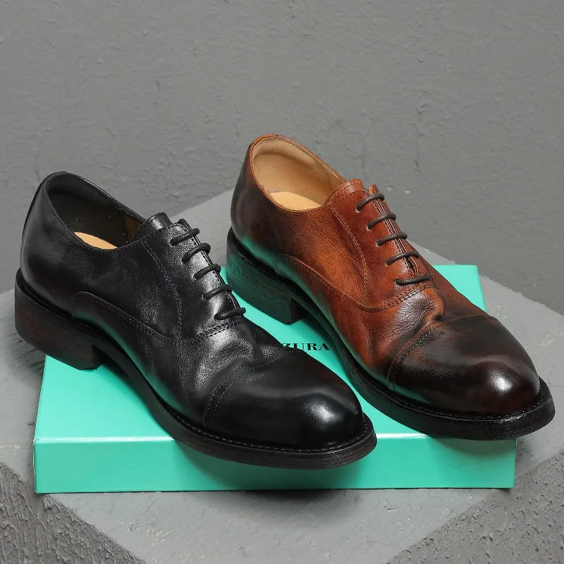 Handmade Vintage Pleated Cowhide Men Derby Shoes British-style Casual Business Office Formal Shoes