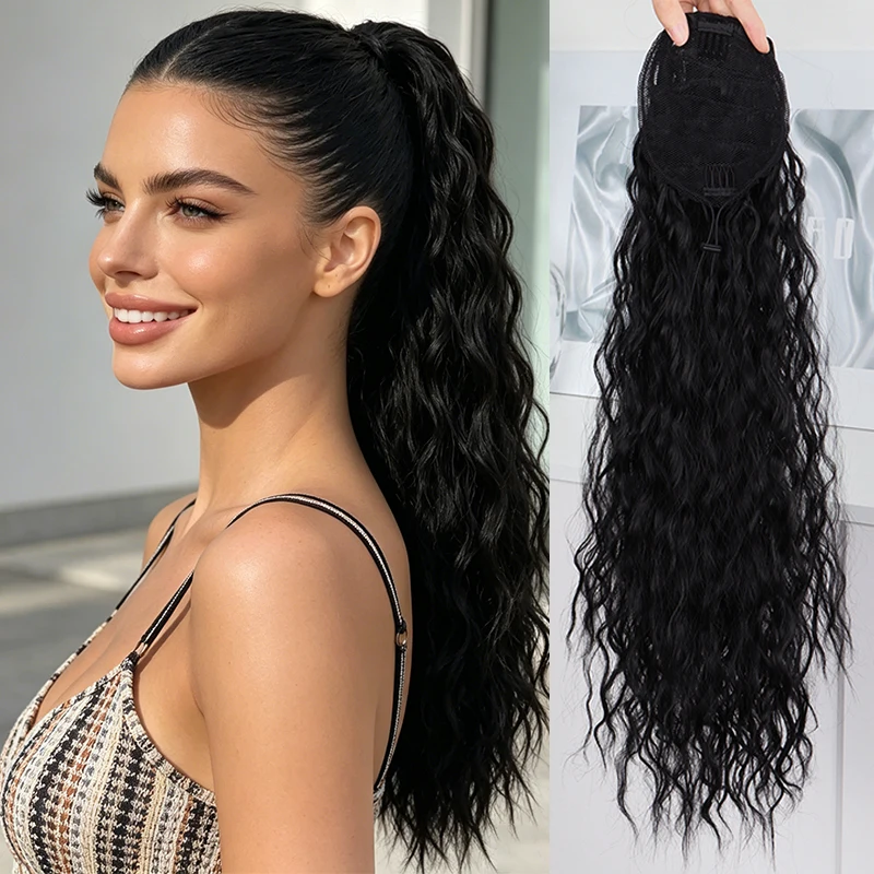 22Inch Synthetic Long Kinky Curly Ponytail Hair Extension Drawstring Clip in Fluffy Heat Resistant Hairpiece for Women Daily Use