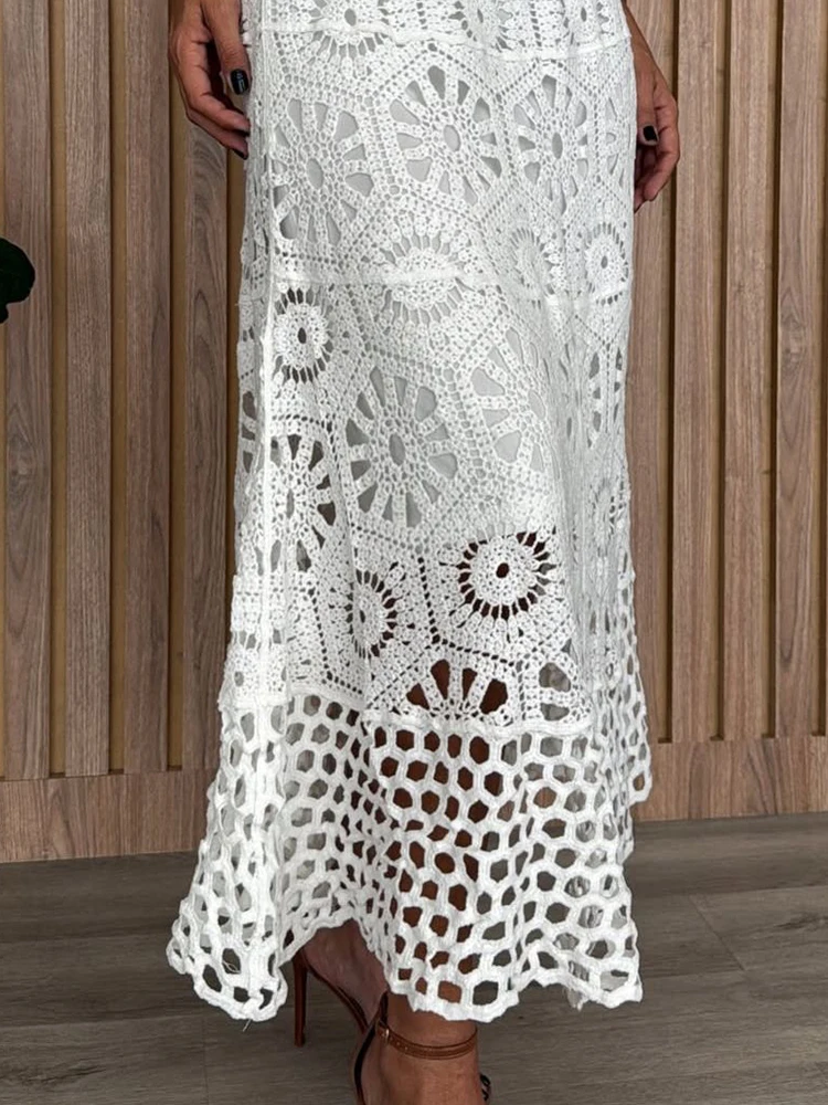 

Модные кружевные ажурные богемные длинные юбки, повседневные однотонные вечерние юбки с высокой талией, новые летние женские макси-юбки для поездок на работу