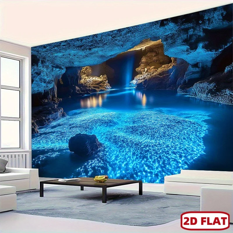 Underground Cave Tapestry,Bright Blue Glimmer Lake Cave Rock Formations Waterfall Wall Tapestry for Living Room Background Decor
