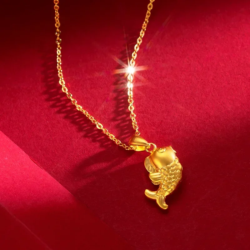 24K Yellow Gold  Koi Clavicle Necklace, 9999 Real Gold Simple Temperament Clavicle Chain Female Fine Christmas Gift Gold Jewelry