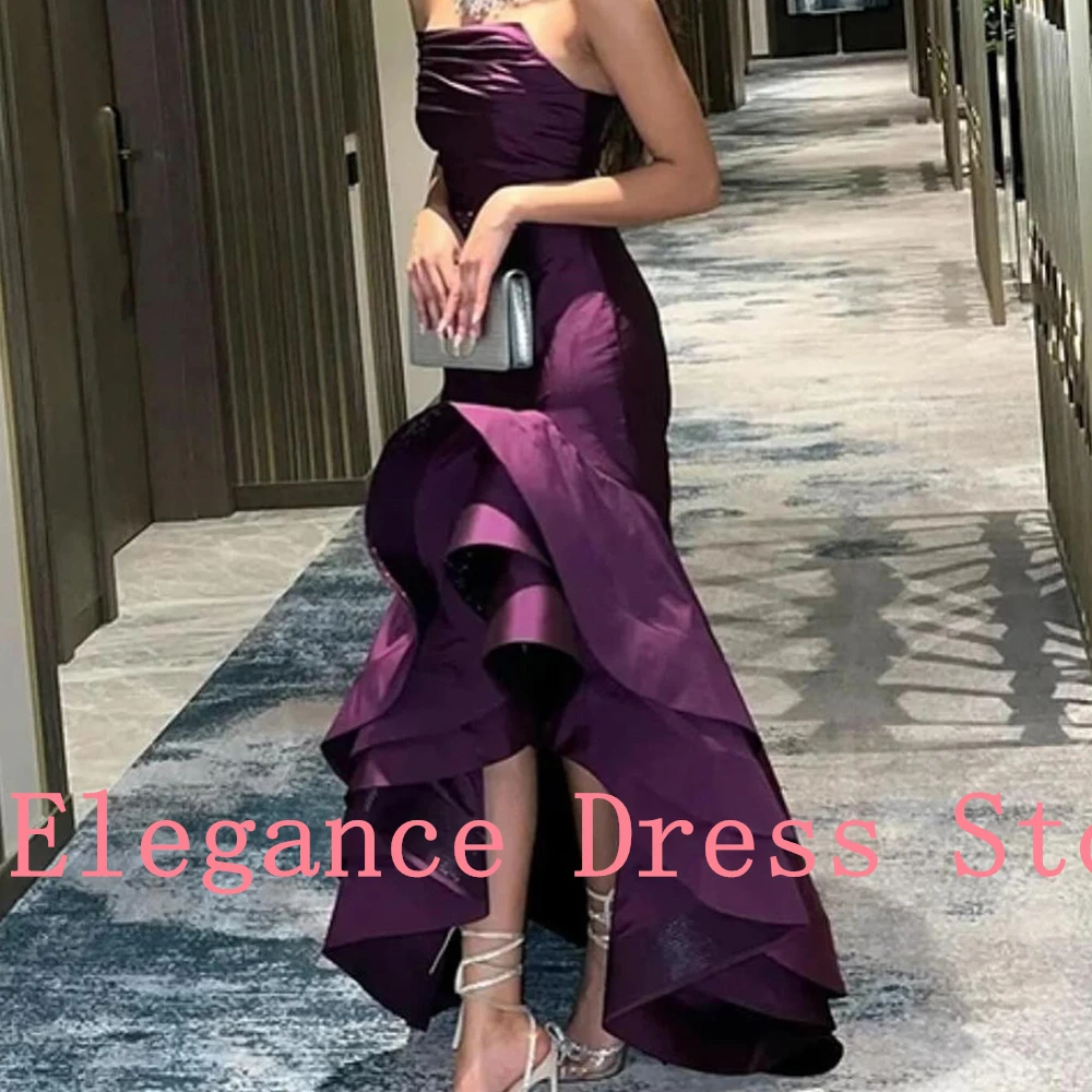 Customized Exquisite Mermaid Strapless Crystal Tiered Evening Dress Graceful Satin Sleeveless Pleats Purple Vestido De Noche