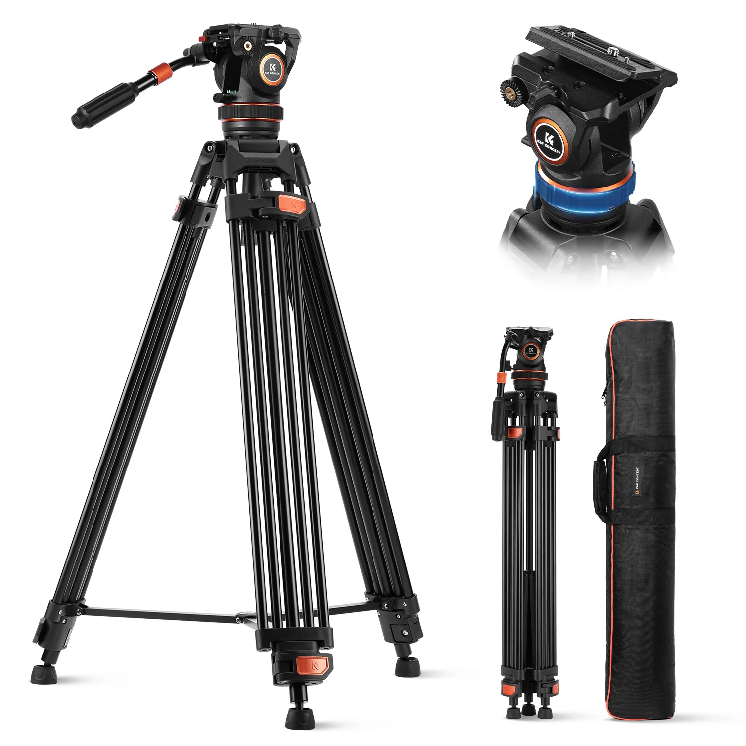 K&F CONCEPT 75 Inch Video Statief Zwaar Belastbaar Camera Statief Vloeistofkop Snelwisselplaat voor Canon Nikon Sony DSLR Camcorder VA3+BV60/50