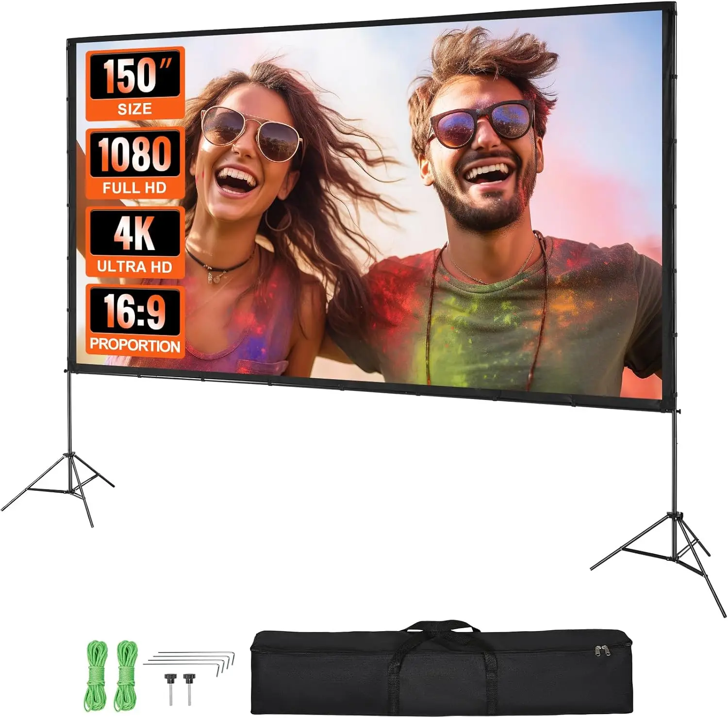 Projector Screen with Stand,150 inch 16:9 4K 1080 HD Outdoor Movie Screen with Stand,Wrinkle-Free Projection Screen with Tripods