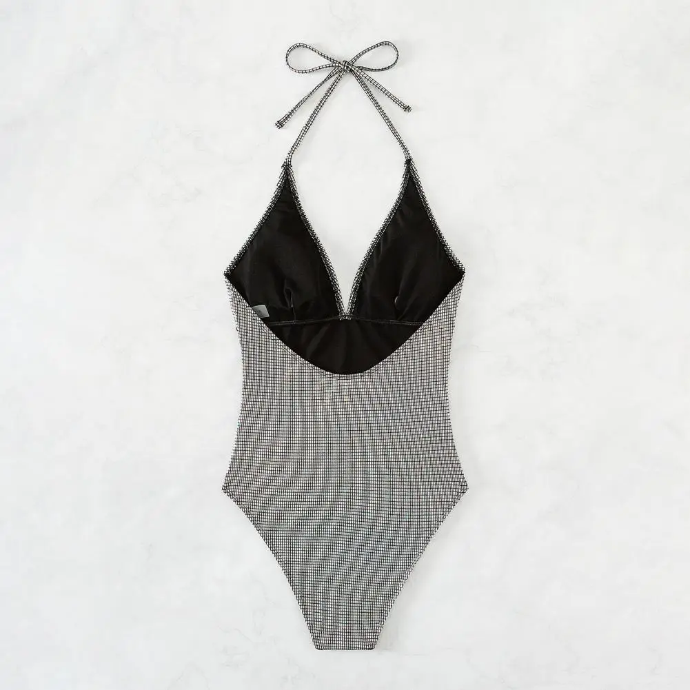 Maiô de uma peça de nylon spandex, espumante lantejoulas patchwork monokini, cabeçada com cadarço, cintura alta sem encosto para beachwear