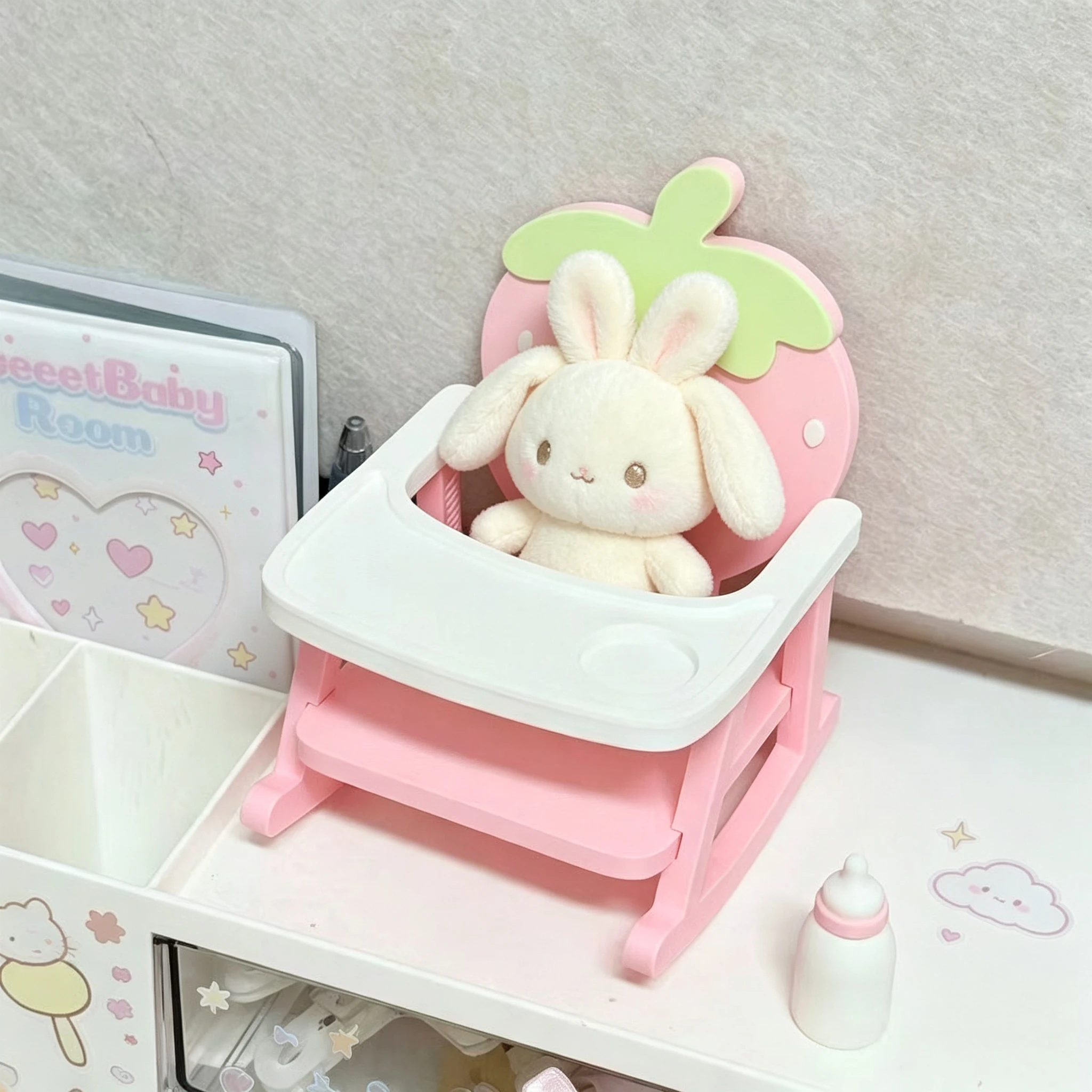Korean Pink Strawberry Rocking Chair 3D Printed Cotton Doll Accessories Dining Chair Creative Cute Desktop Decoration Ornaments