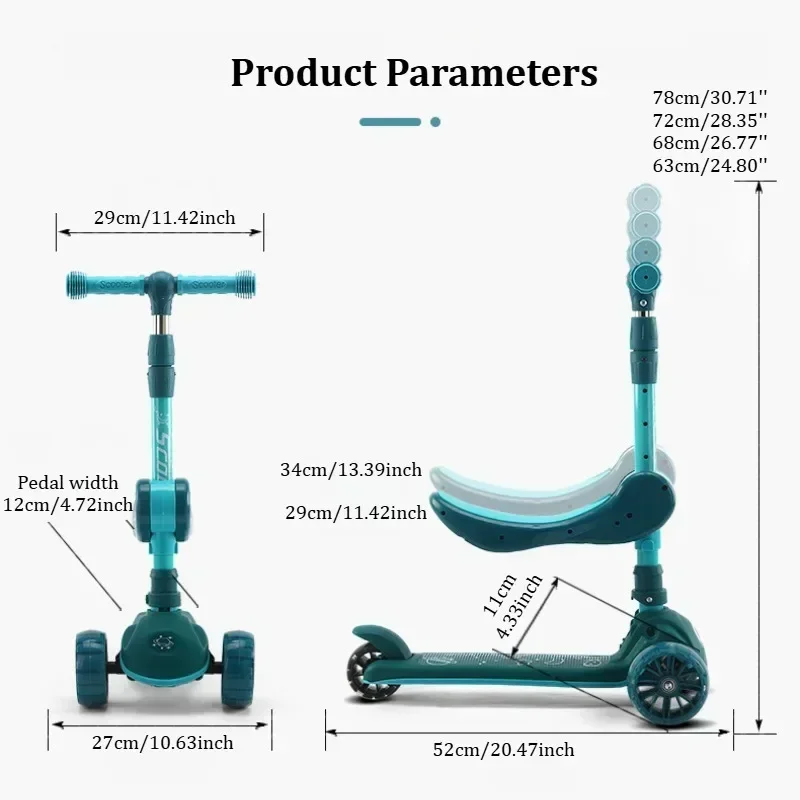 2-in-1 Kids Kick Scooter with LED Lighted Wheels Adjustable Height Wide Deck 3 Wheel Scooter Sit/Stand Child Toddler Outdoor Toy