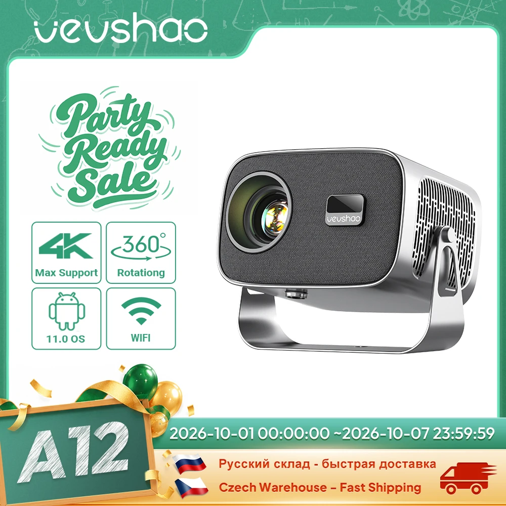 Vevshao a12 projetor mini portátil led vídeo android 13.0 wifi 6 espelho smartphone para 1080p 4k vídeo projetor de cinema em casa