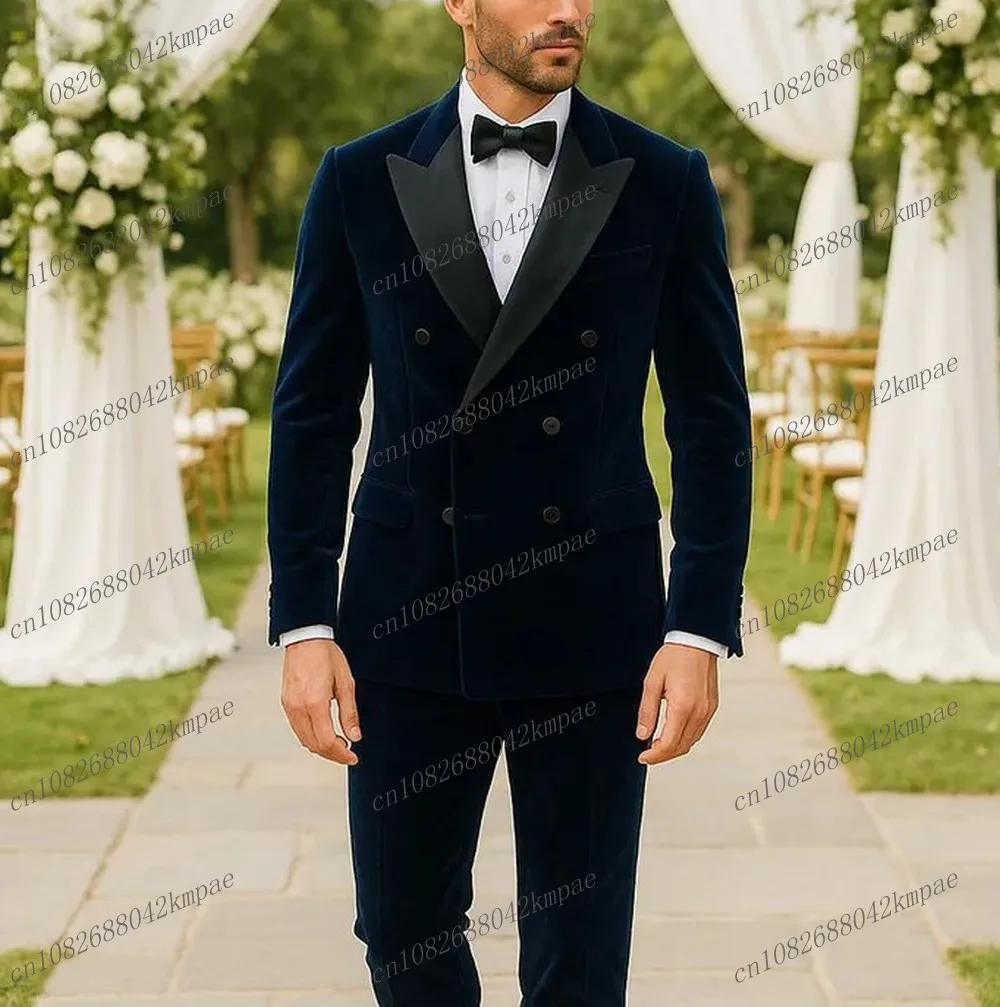 

Black Collar Navy Blue Velvet Men Formal Tuxedos Groom Groomsman Wedding Party Prom Male Business Suit 2 Piece Set Blazer Pants