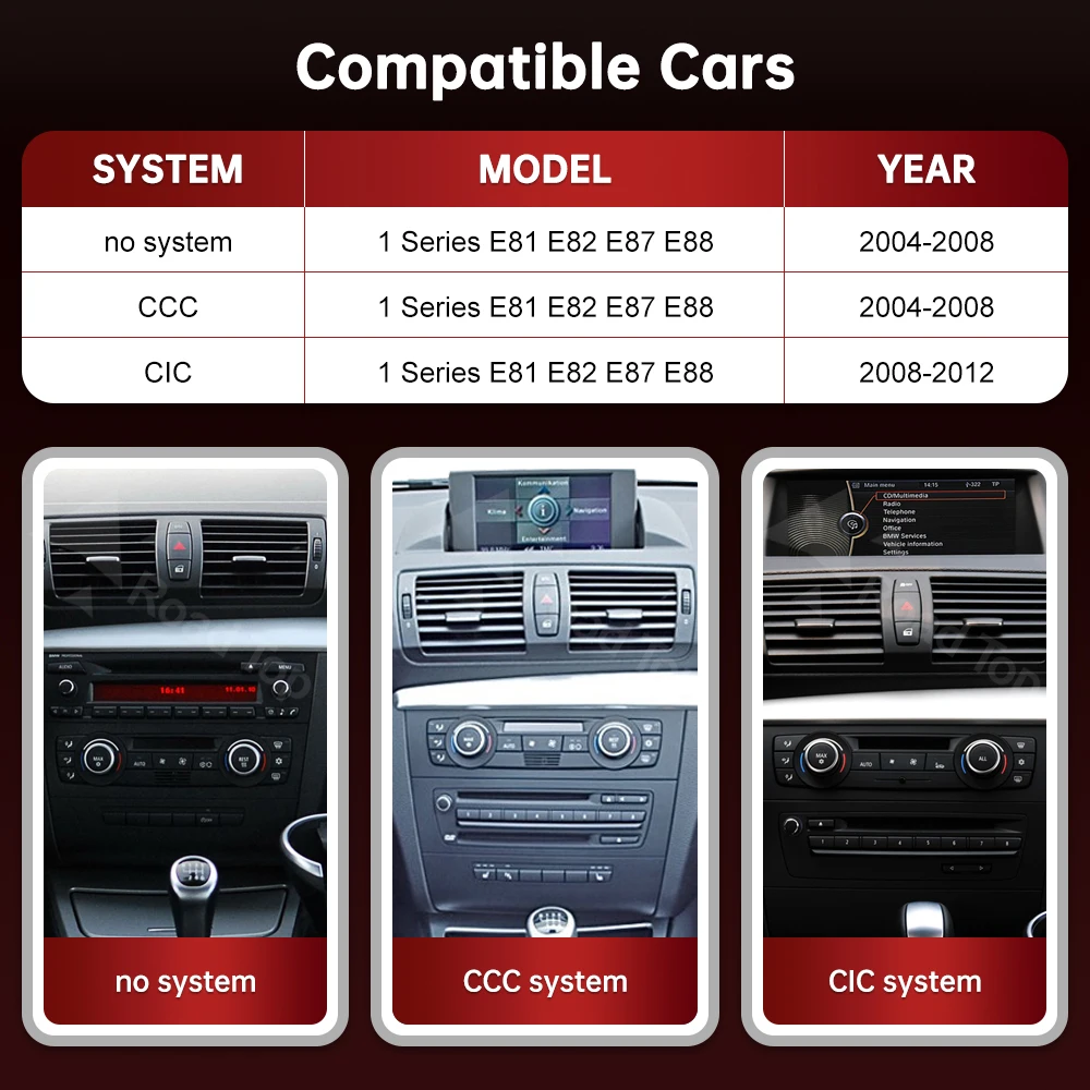 RoadTop CarPlay Android Auto Multimedia Display Screen For BMW 1 Series E81 E82 E87 E88 2004-2012 CCC CIC System/NO OEM Screen