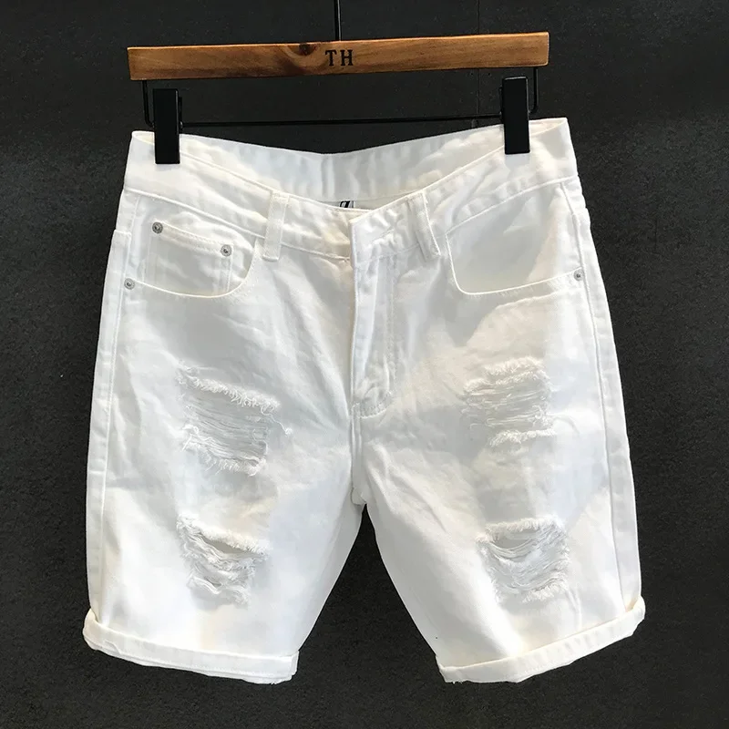 2023 New Style Hong Kong Version Street Trendy White Hole Denim Shorts Men's Casual Trendy Summer Scratching Beggar Five Minutes