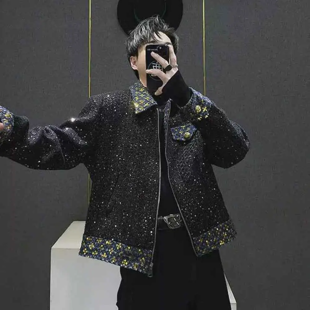 

Мужская зимняя куртка, блестящая лоскутная повседневная куртка для ночного клуба, уличная модная верхняя мужская одежда для выступлений на сцене, новинка 2023 года