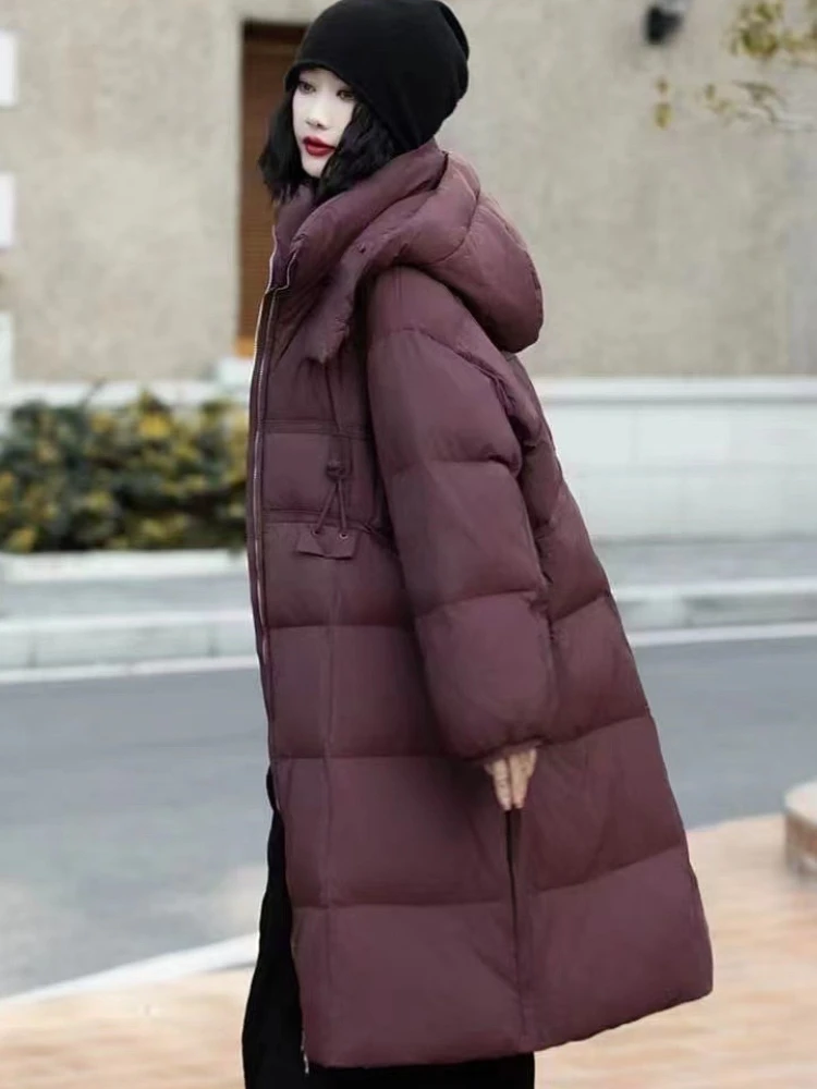 Jaqueta de inverno feminina com capuz casacos simples casual high-end puffer casacos à prova de vento grosso solto quente meados de comprimento para baixo parker