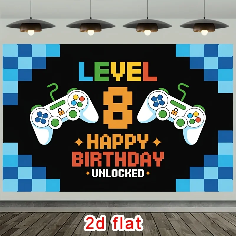 2D planar style, [Party Banner] 2D planar banner, 1 piece, 8-level birthday celebration game controller in pixel style
