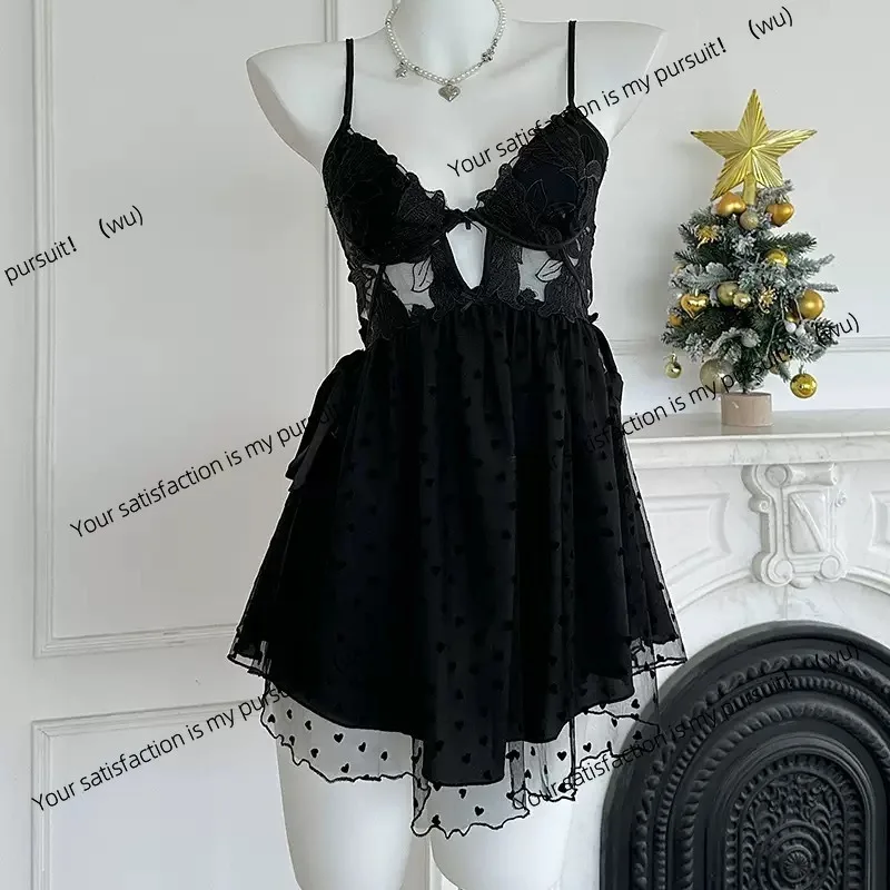 Girl polka dot pure desire wind suspender nightdress mesh yarn with chest pad sexy pajamas French new summer pajamas short skirt