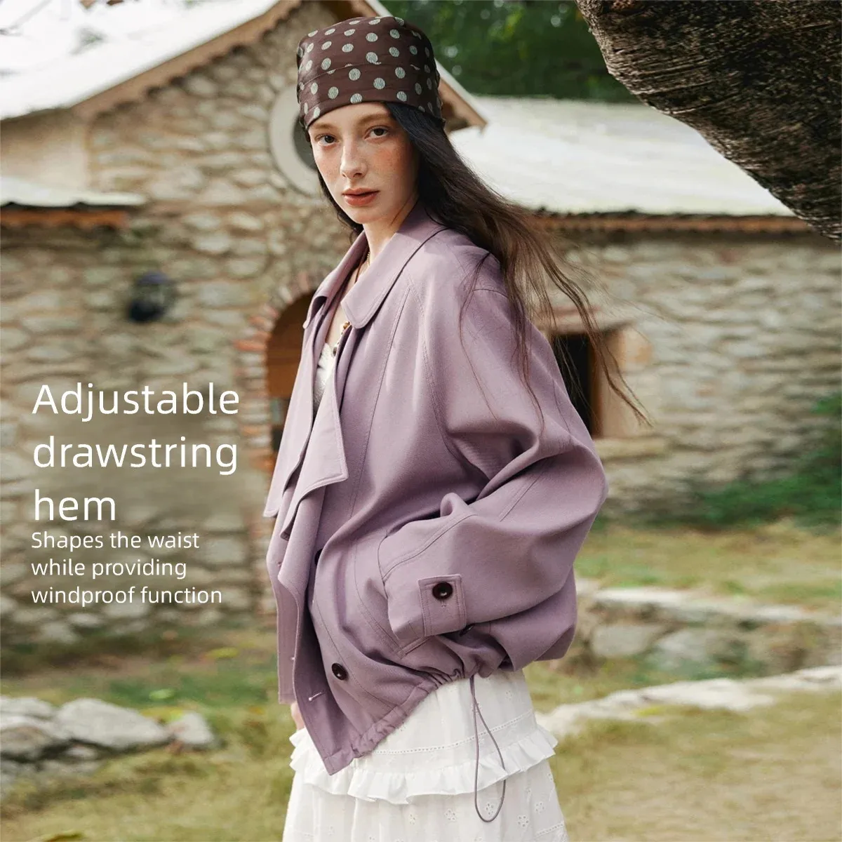 OLrain Women Oversize Purple Jackets Commute Draw String Trench Coat Spring 2026 Full Sleeve Female Short Coat GO58CW002815